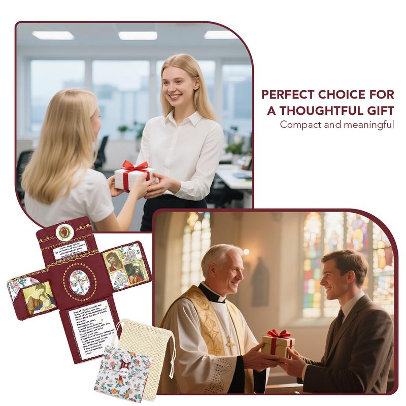 Handmade Catholic Prayer Pocket – Sacred Heart & Virgin Mary Crucifix with Prayer Card, Vintage Fabric Travel Blessing Bag for Home Altar, Hospital Visits, Mom & Grandma Gift, Drawstring Sack