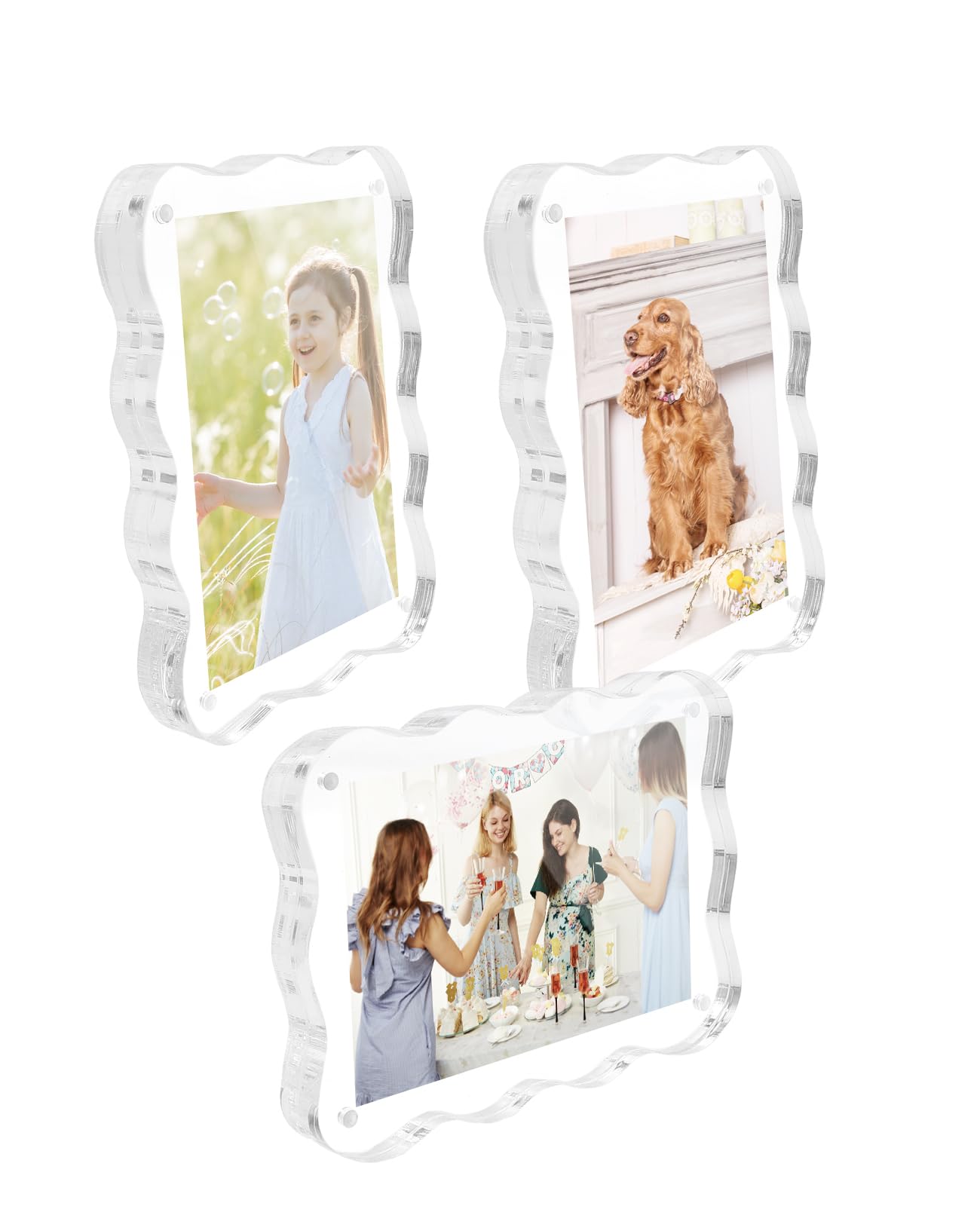 AceList 3-Pack 4×6 Acrylic Picture Frames – Scalloped Magnetic Double-Sided Clear Floating Photo Frames, 10+10mm Thick Freestanding Block Frames for Home Tabletop Display