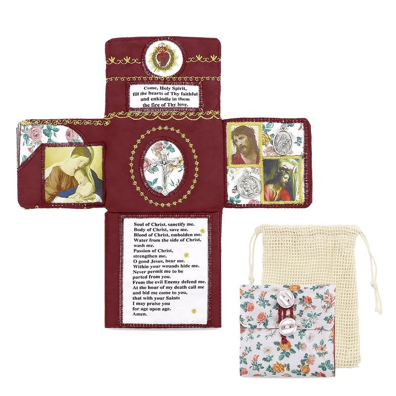 Handmade Catholic Prayer Pocket – Sacred Heart & Virgin Mary Crucifix with Prayer Card, Vintage Fabric Travel Blessing Bag for Home Altar, Hospital Visits, Mom & Grandma Gift, Drawstring Sack