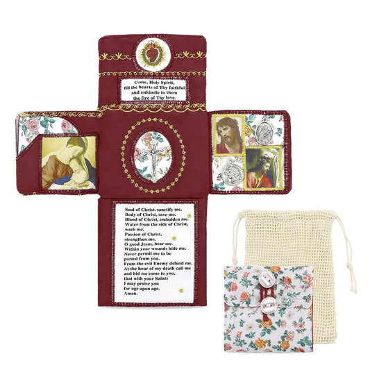 Handmade Catholic Prayer Pocket – Sacred Heart & Virgin Mary Crucifix with Prayer Card, Vintage Fabric Travel Blessing Bag for Home Altar, Hospital Visits, Mom & Grandma Gift, Drawstring Sack