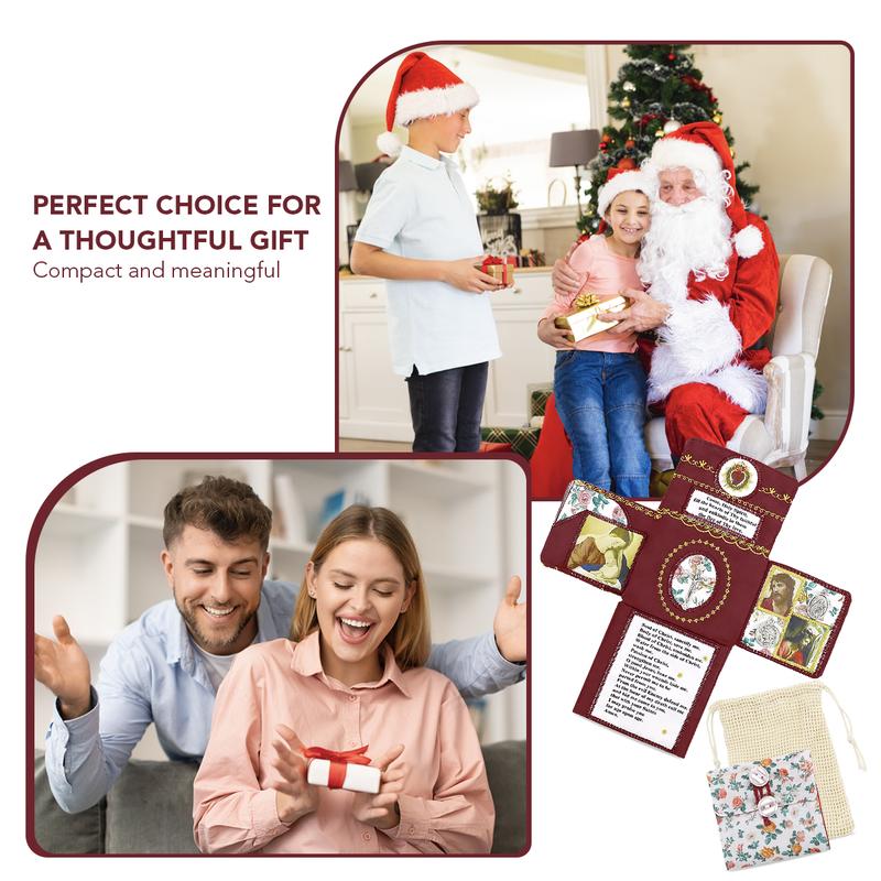 Handmade Catholic Prayer Pocket – Sacred Heart & Virgin Mary Crucifix with Prayer Card, Vintage Fabric Travel Blessing Bag for Home Altar, Hospital Visits, Mom & Grandma Gift, Drawstring Sack