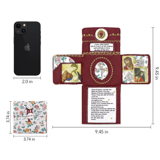 Handmade Catholic Prayer Pocket – Sacred Heart & Virgin Mary Crucifix with Prayer Card, Vintage Fabric Travel Blessing Bag for Home Altar, Hospital Visits, Mom & Grandma Gift, Drawstring Sack