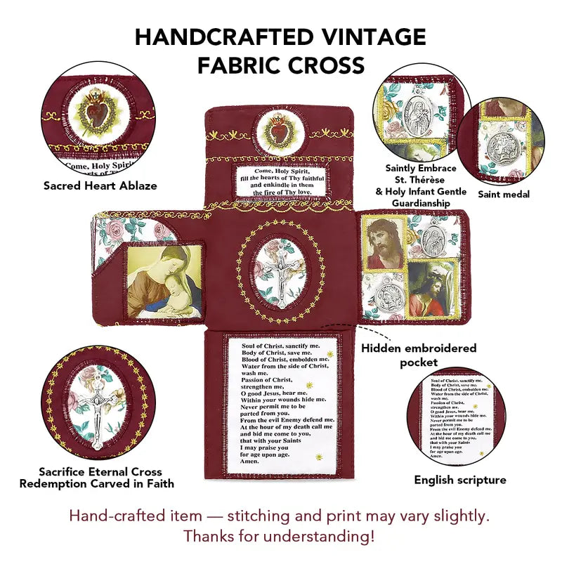 Handmade Catholic Prayer Pocket – Sacred Heart & Virgin Mary Crucifix with Prayer Card, Vintage Fabric Travel Blessing Bag for Home Altar, Hospital Visits, Mom & Grandma Gift, Drawstring Sack