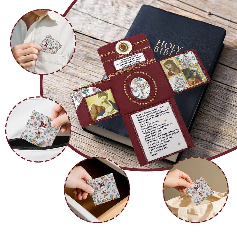 Handmade Catholic Prayer Pocket – Sacred Heart & Virgin Mary Crucifix with Prayer Card, Vintage Fabric Travel Blessing Bag for Home Altar, Hospital Visits, Mom & Grandma Gift, Drawstring Sack