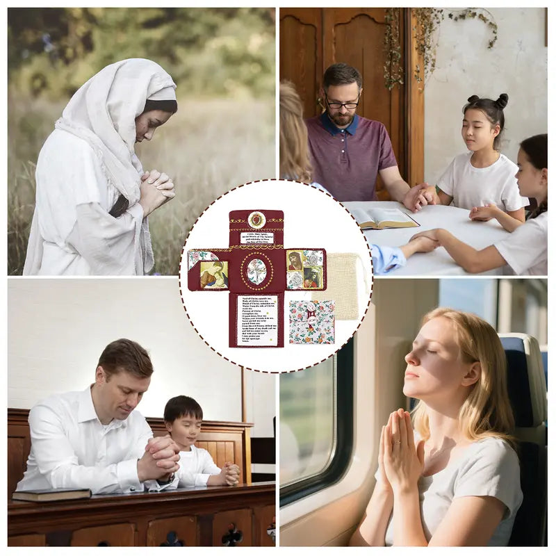 Handmade Catholic Prayer Pocket – Sacred Heart & Virgin Mary Crucifix with Prayer Card, Vintage Fabric Travel Blessing Bag for Home Altar, Hospital Visits, Mom & Grandma Gift, Drawstring Sack