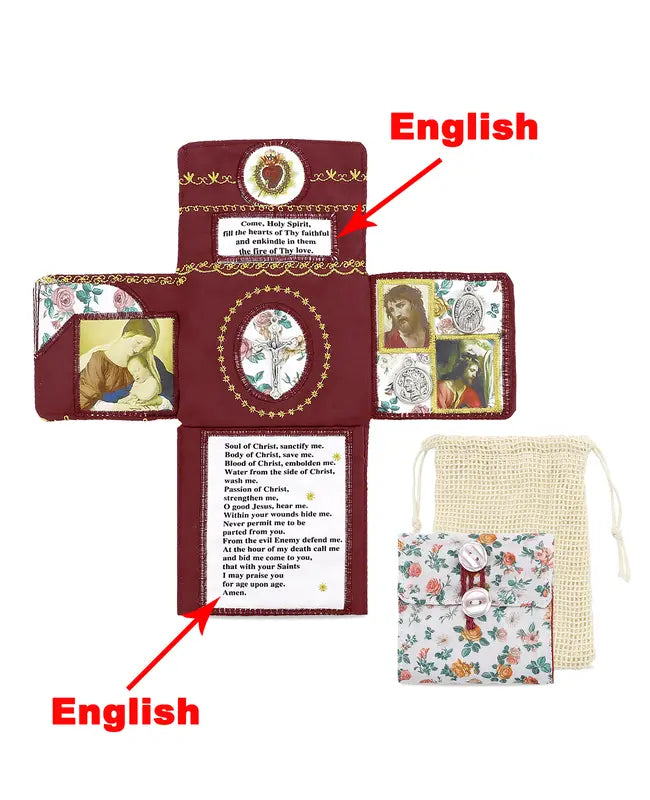 Handmade Catholic Prayer Pocket – Sacred Heart & Virgin Mary Crucifix with Prayer Card, Vintage Fabric Travel Blessing Bag for Home Altar, Hospital Visits, Mom & Grandma Gift, Drawstring Sack