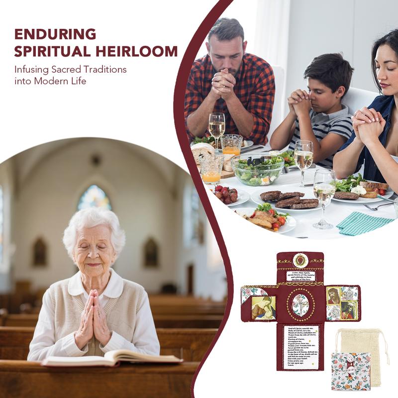 Handmade Catholic Prayer Pocket – Sacred Heart & Virgin Mary Crucifix with Prayer Card, Vintage Fabric Travel Blessing Bag for Home Altar, Hospital Visits, Mom & Grandma Gift, Drawstring Sack