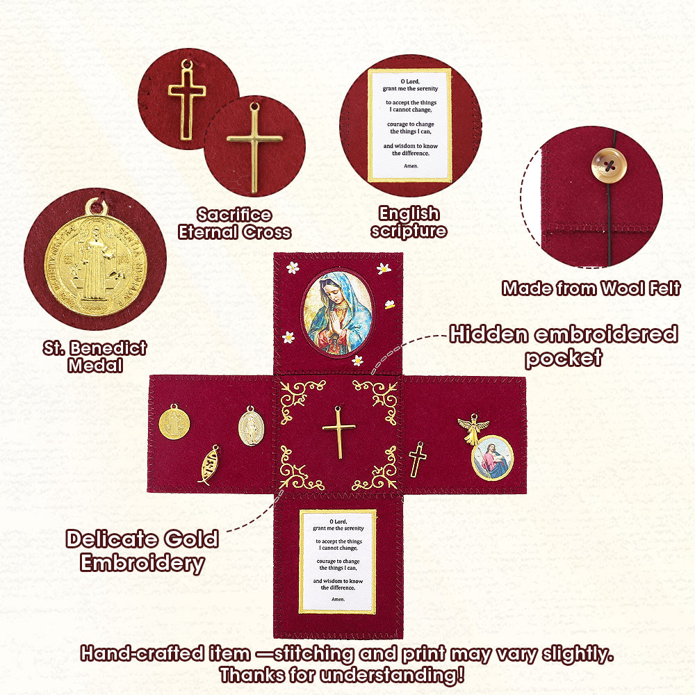 Handmade Felt Prayer Pocket with Golden Embroidery - Red Serenity Comfort Object for Women, Anxiety & Peace, Prayer for Serenity - Pocket for Rosary, Portable Meditation Cloth - Graduation Gift, Hospital Visit, Daily Comfort, Thoughtful Gift for Women