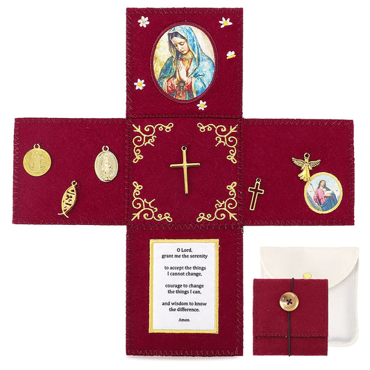 Handmade Felt Prayer Pocket with Golden Embroidery - Red Serenity Comfort Object for Women, Anxiety & Peace, Prayer for Serenity - Pocket for Rosary, Portable Meditation Cloth - Graduation Gift, Hospital Visit, Daily Comfort, Thoughtful Gift for Women