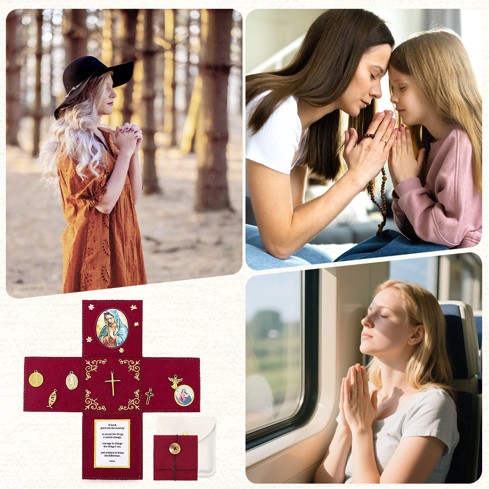 Handmade Felt Prayer Pocket with Golden Embroidery - Red Serenity Comfort Object for Women, Anxiety & Peace, Prayer for Serenity - Pocket for Rosary, Portable Meditation Cloth - Graduation Gift, Hospital Visit, Daily Comfort, Thoughtful Gift for Women