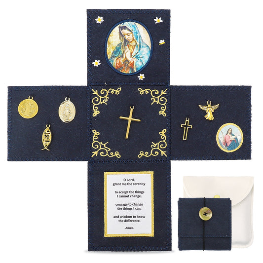 Handmade Felt Prayer Pocket with Golden Embroidery - Blue Serenity Comfort Object for Women, Anxiety & Peace, Prayer for Serenity - Pocket for Rosary, Portable Meditation Cloth - Graduation Gift, Hospital Visit, Daily Comfort, Thoughtful Gift for Women