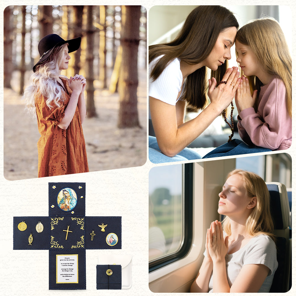 Handmade Felt Prayer Pocket with Golden Embroidery - Blue Serenity Comfort Object for Women, Anxiety & Peace, Prayer for Serenity - Pocket for Rosary, Portable Meditation Cloth - Graduation Gift, Hospital Visit, Daily Comfort, Thoughtful Gift for Women