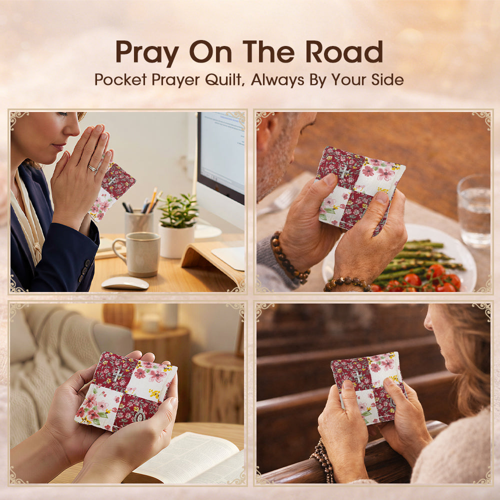 Red Mini Prayer Quilt – Handmade Cross & Mary Medal - Portable Faith Object with Wooden Cross Inside, Comfort Symbol for Healing & Strength, Soft Cotton-Metal Blend, Thoughtful Gift for Cancer Care, Grief, Hospital Visits