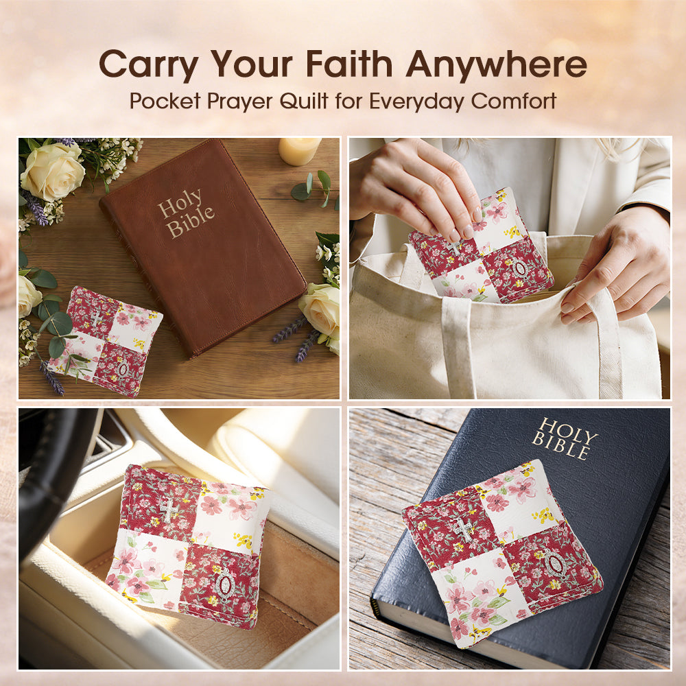 Red Mini Prayer Quilt – Handmade Cross & Mary Medal - Portable Faith Object with Wooden Cross Inside, Comfort Symbol for Healing & Strength, Soft Cotton-Metal Blend, Thoughtful Gift for Cancer Care, Grief, Hospital Visits