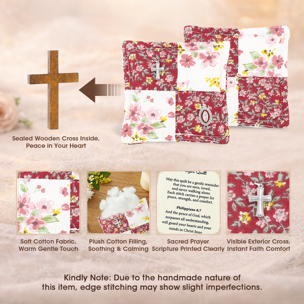 Red Mini Prayer Quilt – Handmade Cross & Mary Medal - Portable Faith Object with Wooden Cross Inside, Comfort Symbol for Healing & Strength, Soft Cotton-Metal Blend, Thoughtful Gift for Cancer Care, Grief, Hospital Visits