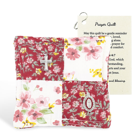 Red Mini Prayer Quilt – Handmade Cross & Mary Medal - Portable Faith Object with Wooden Cross Inside, Comfort Symbol for Healing & Strength, Soft Cotton-Metal Blend, Thoughtful Gift for Cancer Care, Grief, Hospital Visits