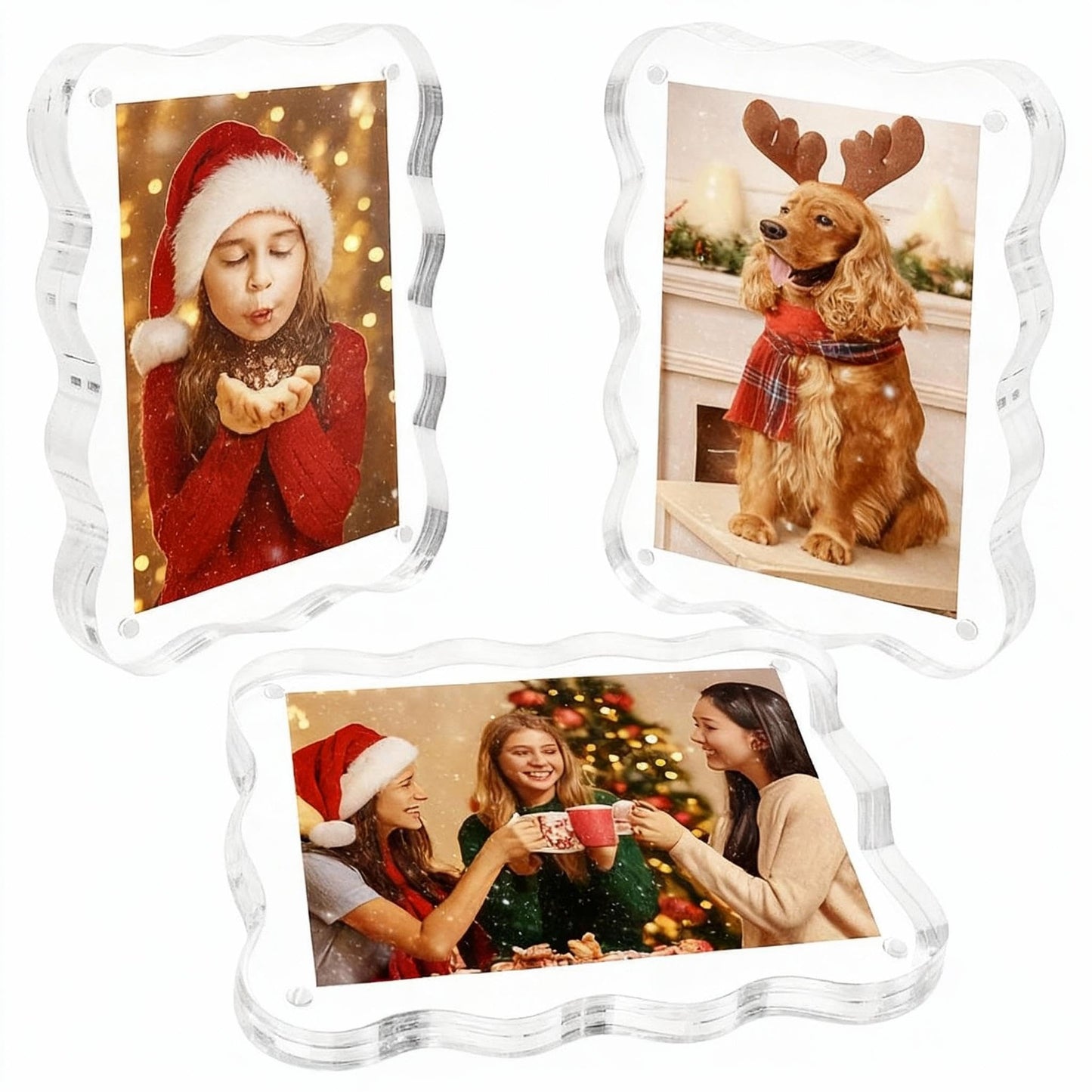 AceList 3-Pack 4×6 Acrylic Picture Frames – Scalloped Magnetic Double-Sided Clear Floating Photo Frames, 10+10mm Thick Freestanding Block Frames for Home Tabletop Display