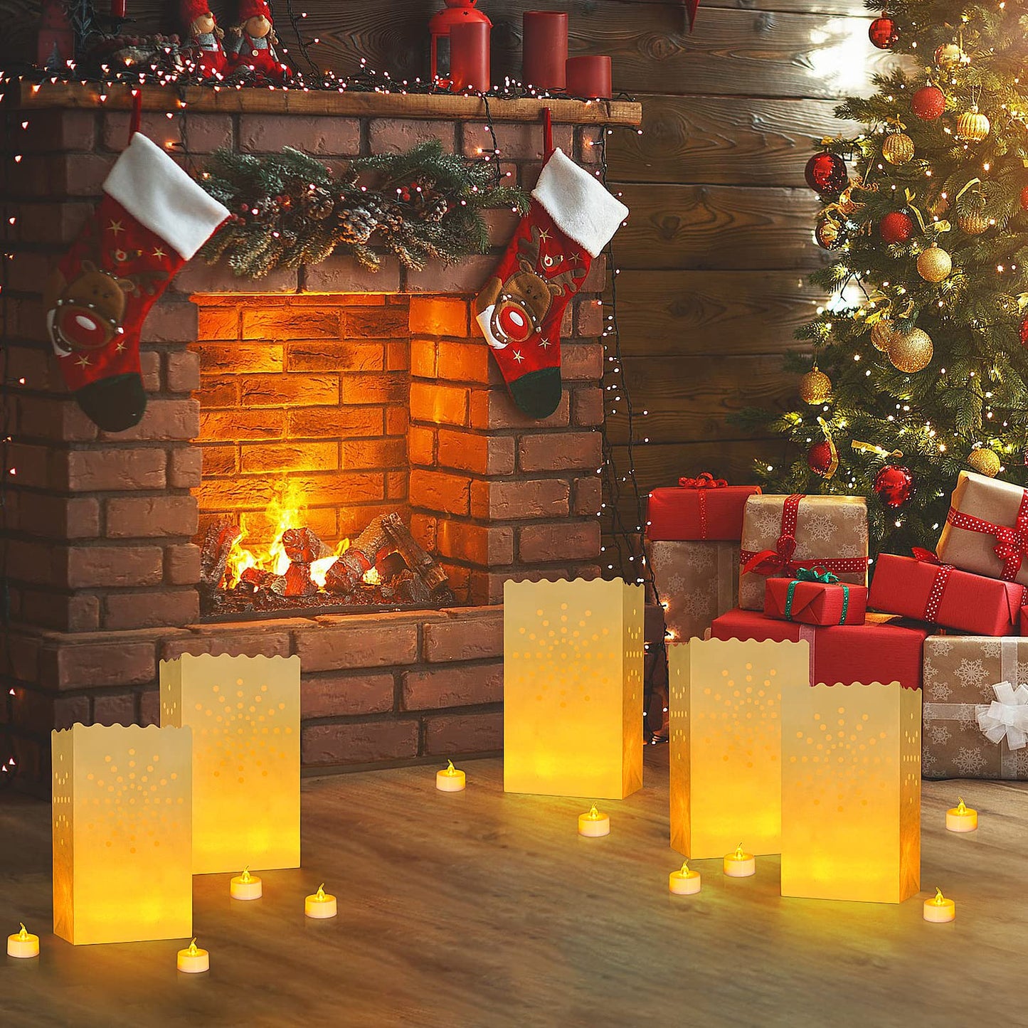 Set of 30 Luminary Bags with 35 Flameless LED Tea Lights – Sun Design, Flickering Battery-Operated Candles for Wedding, Party, Halloween, Thanksgiving & Christmas Décor
