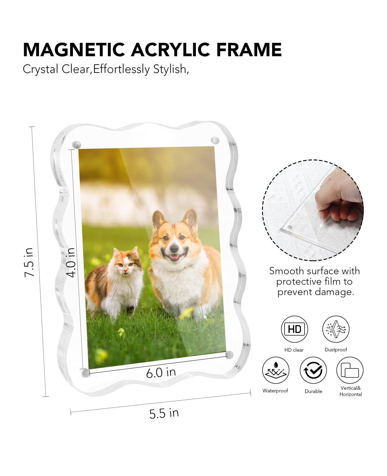 AceList 3-Pack 4×6 Acrylic Picture Frames – Scalloped Magnetic Double-Sided Clear Floating Photo Frames, 10+10mm Thick Freestanding Block Frames for Home Tabletop Display