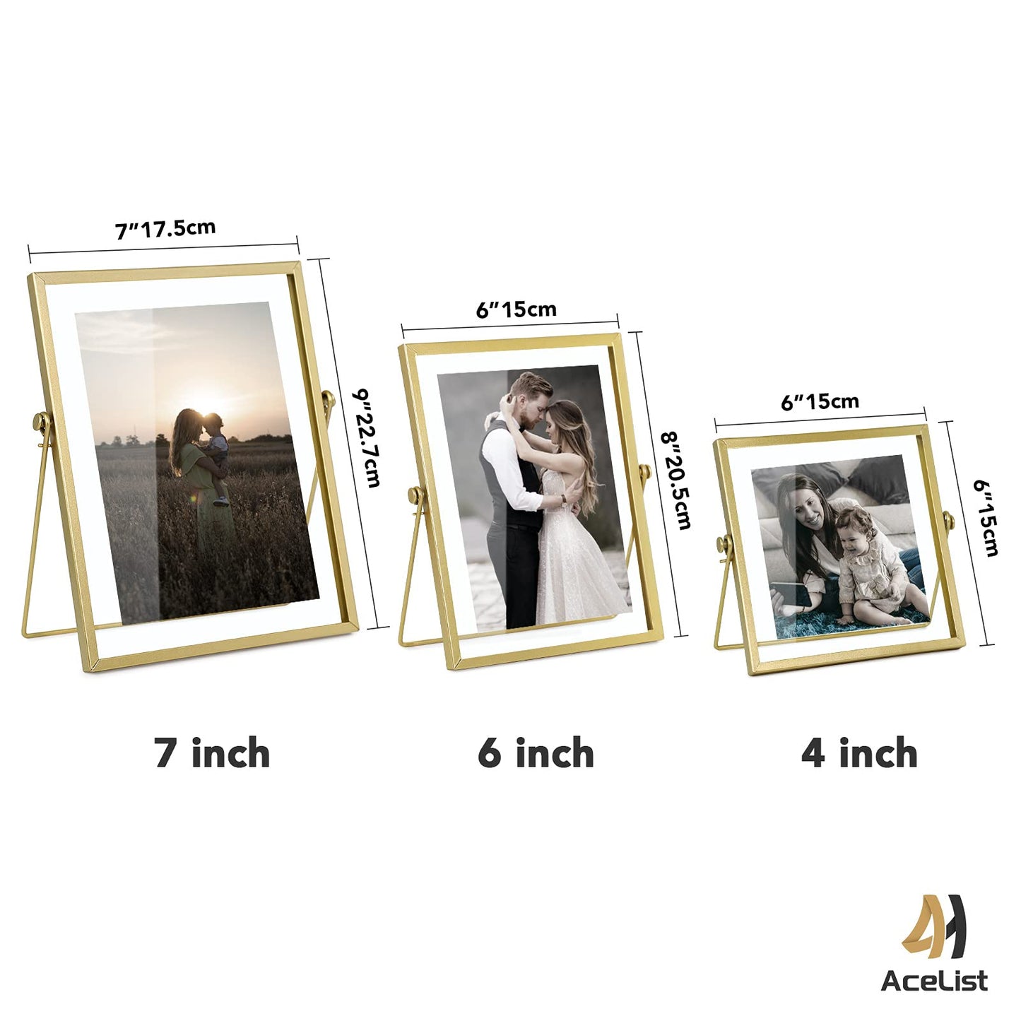 Set of 3 Floating Glass Picture Frames – Minimalist Metal Geometric Photo Frame Collection, Fits 4x4, 4x6, 5x7 Photos
