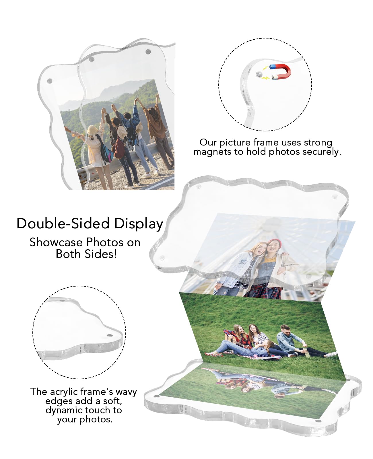 AceList 3-Pack 4×6 Acrylic Picture Frames – Scalloped Magnetic Double-Sided Clear Floating Photo Frames, 10+10mm Thick Freestanding Block Frames for Home Tabletop Display