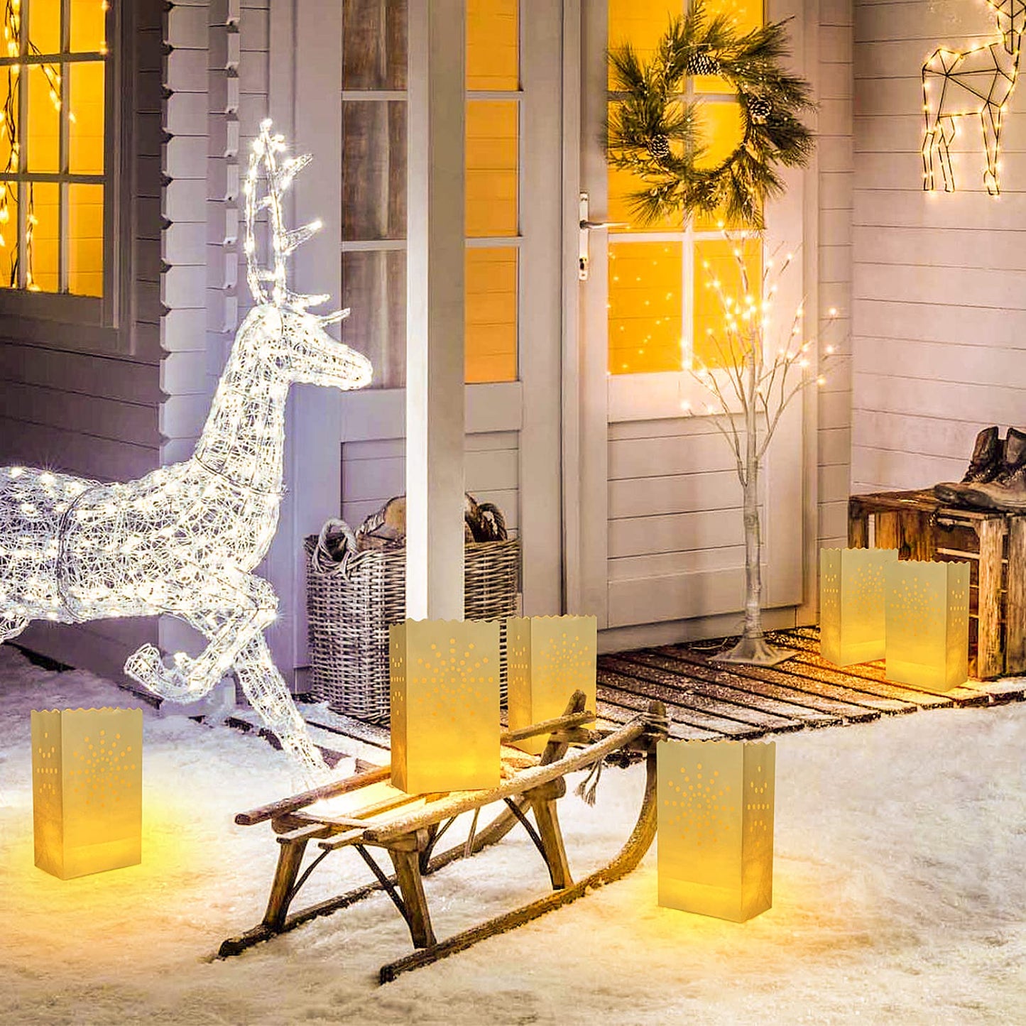 Set of 30 Luminary Bags with 35 Flameless LED Tea Lights – Sun Design, Flickering Battery-Operated Candles for Wedding, Party, Halloween, Thanksgiving & Christmas Décor