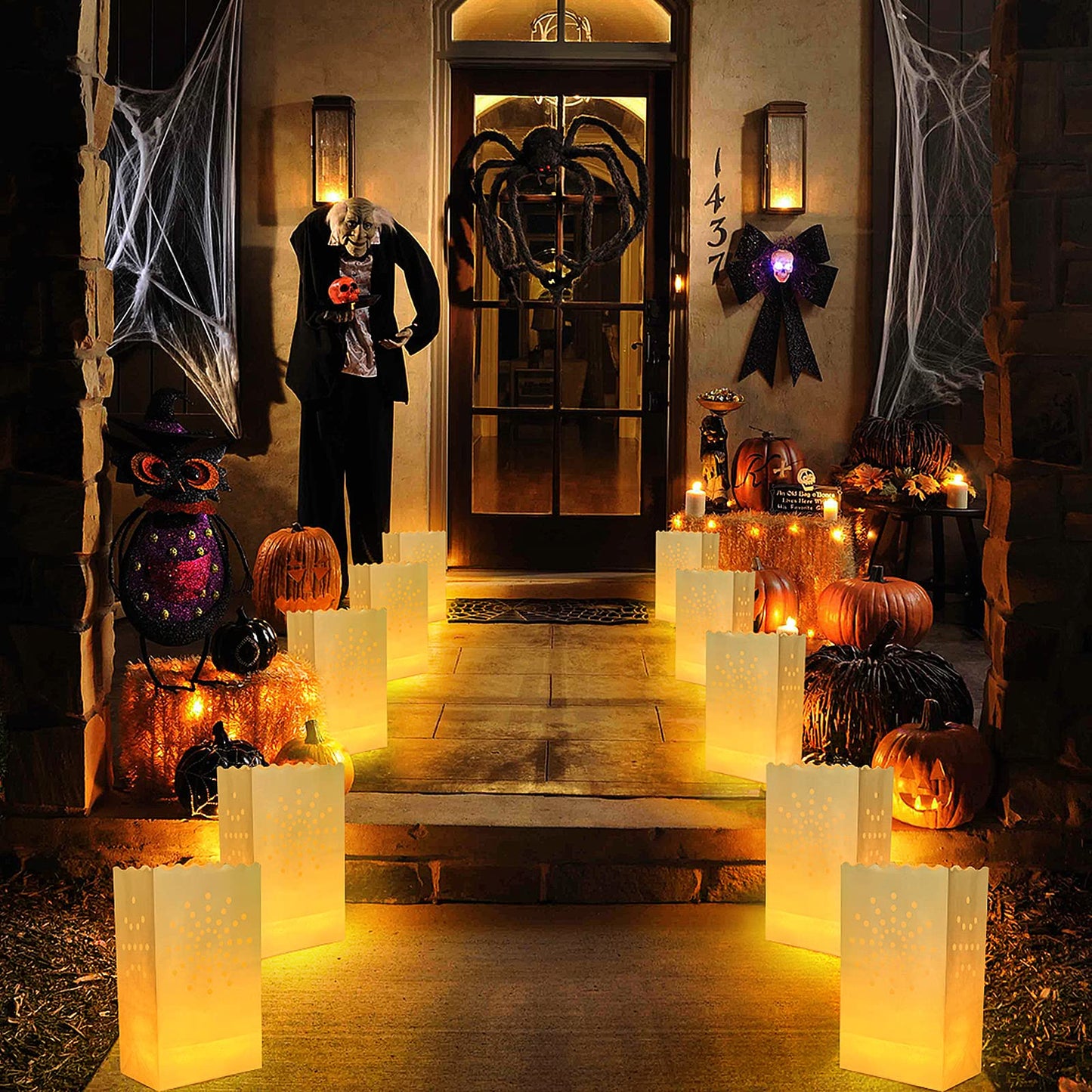 Set of 30 Luminary Bags with 35 Flameless LED Tea Lights – Sun Design, Flickering Battery-Operated Candles for Wedding, Party, Halloween, Thanksgiving & Christmas Décor